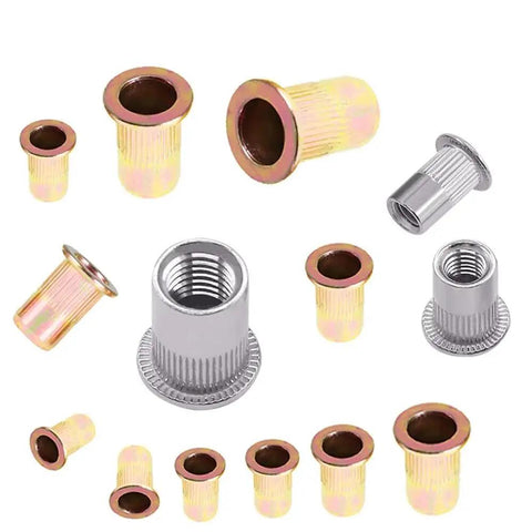 Assorted sizes of nutserts from 900Pack Rivet Nut Kit With Rivnut Tool Nut Setter And Thread Setting Nutsert Tool on display
