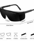Legit Heavy Duty IPL Laser Safety Glasses With Solid Eye Protection And Broad Spectrum Shielding Against Ultraviolet Blue Light And Infrared Beams For Laser Hair Removal Treatment, black tinted lenses, adjustable temples, dimensions shown.