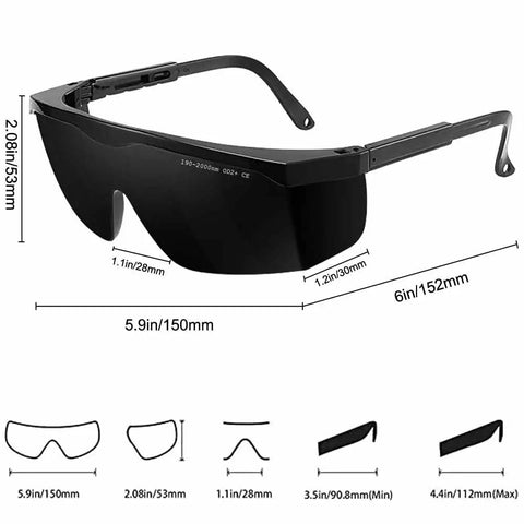 Legit Heavy Duty IPL Laser Safety Glasses With Solid Eye Protection And Broad Spectrum Shielding Against Ultraviolet Blue Light And Infrared Beams For Laser Hair Removal Treatment, black tinted lenses, adjustable temples, dimensions shown.