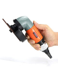 Badass 4 Inch Pneumatic Angle Grinder For Heavy Duty Polishing And Grinding Featuring Front Exhaust Cooling Adjustable Speed Switch And Rugged Metal Spark Guard Cover held in hand, showcasing compact design and angled head.