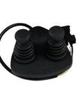 Get This Rock Solid Joystick Control Lever Replacement Part For Your Excavator And Forklift Machine With Serial Numbers Matching Model 7919040043 Or 7919040052 To Smoothly Handle Heavy Lifting Jobs Without Any Lag Or Glitches On Site. Black joystick control lever for excavators and forklifts with two handles and an attached wire.