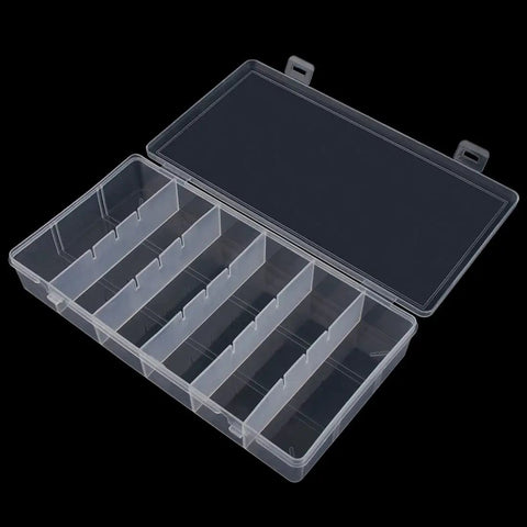 Clear See Through Plastic Storage Box 2 Pack Grab And Go Portable Organizer For Cosmetics Makeup Tools Jewelry Tackle Hardware And Small Parts See Through Case with open lid and 6 fixed grids.