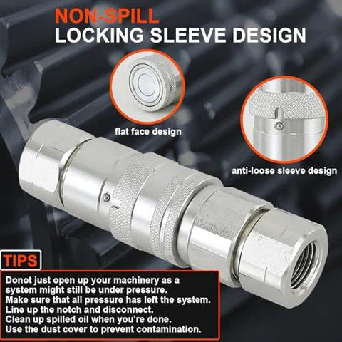 Front view of Elifencenter 1/2in NPT flat-face hydraulic quick-connect couplers with locking sleeve, silver.