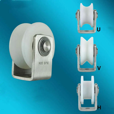 Heavy Duty Nylon Roller Wheel With 304 Stainless Steel Bearings For Smooth Gliding Track Pulleys And Built Tough Industrial Door Rail Guides In U Shape Configuration, showing U, V, H shapes.