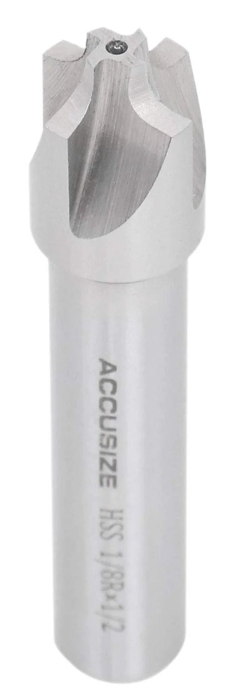 Close-up of Accusize HSS corner-rounding end mill, 5/8 in cutter, 1/2 in shank.