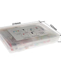 Top Shelf 1490 Piece Electronic Component Assortment Box Packed With Colorful Leds Transistors Resistors And Capacitors, clear organizer box dimensions displayed.
