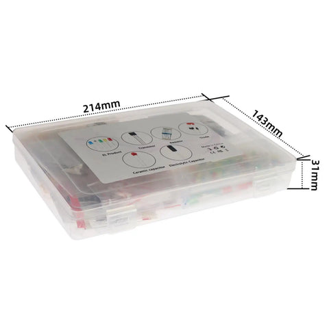 Top Shelf 1490 Piece Electronic Component Assortment Box Packed With Colorful Leds Transistors Resistors And Capacitors, clear organizer box dimensions displayed.