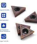 Top Shelf Solid Carbide Turning Inserts TCMT110204 Tialn Coated For Lathe Tool Holder And Boring Bar Hella Durable Steel Cutting Rock Solid Performance Pack Of Five, showing three triangular inserts.