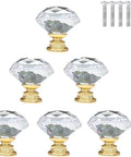Diamond Cut Crystal Cabinet Knobs, 6 Pack 30mm Drawer Pulls, Gold Plated Base, displayed in a clear geometric design.
