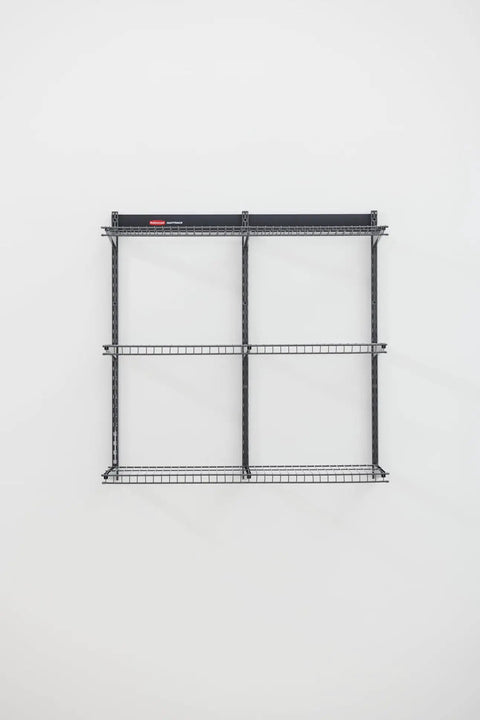 Hella Sturdy Garage Wall Storage Rack With Heavy Duty Steel Shelves And Modular Rails For Workshop Home Organization Super Quick Install with four wire shelves shown.