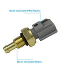 Close-up of a DOICOO coolant temperature sensor with brass threaded probe, O-ring, and gray plastic connector