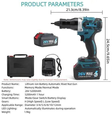 Top Shelf Cordless Electric Rivet Nut Gun With Automatic Action And M3 To M12 Fasteners, 26V 5200mAh battery, includes charger and case.