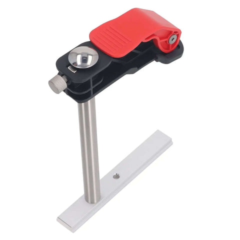 Close-up of stainless steel quick release bench dog clamp with non-slip grip, part of Two Pack Hold Down Clamp Set for T slots.