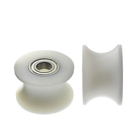 Premium Pair Of Slick Rolling Nylon Pulley Wheels With Robust Steel Bearings U Groove Design, side view showing durable nylon and steel.