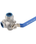 Rock Solid 304 Stainless Steel Three Way T Port Ball Valve 3/4 Inch DN20 with blue handle for controlling steam, water, and oil.
