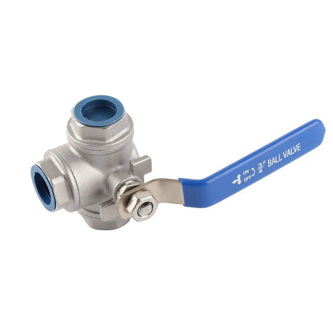 Rock Solid 304 Stainless Steel Three Way T Port Ball Valve 3/4 Inch DN20 with blue handle for controlling steam, water, and oil.