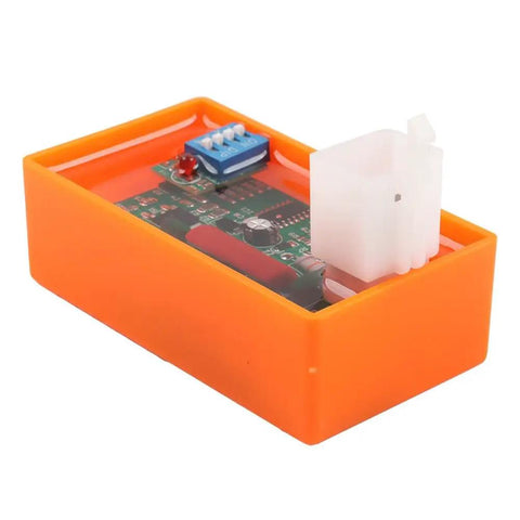 5 Pin AC CDI Motorcycle Ignition Box With Dip Switch For 4 Stroke Models, Orange Unit, side view with circuitry visible