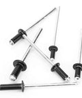 Pro Grade 120 Piece Blind Rivet Kit Made From Aluminum Alloy With Smooth Shafts For Clean, Neat Install, Six Sizes M2.4x6 M3x6 M3.2x6.4 M3.2x8 M3.2x10 M4x8, Lightweight 140g, Great For Tools Auto And Furniture Projects. aluminum alloy rivets scattered on white background