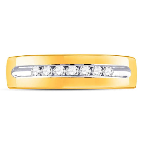 Timeless 14Kt Yellow Gold Men Wedding Ring Featuring Machine Set Round Diamonds In A Channel Setting Quarter Cttw Solid Dapper Bridal Band For Daily Flex Sleek Polished Finish Groom Gift Ready Piece Smooth Comfort Fit - Top view of polished gold band with channel set diamonds.