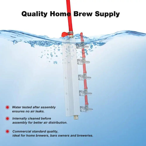Professional 5 Way CO2 Gas Manifold With 5/16 Inch Barbed Fittings For Homebrew Draft Beer Keg Carbonation Control submerged in water.
