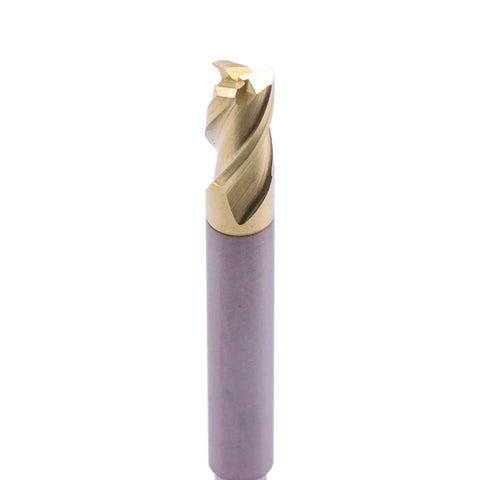 End mill, solid carbide, ZRN-coated, 5/16 in diameter, 1/4 in reduced shank, 3-flute, close-up of gold cutting edges