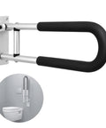 Heavy Duty Flip Up Toilet Safety Rail And Wall Mount Grab Bar Crafted From Heavy Aluminum With Sure Grip Design for easy bathroom transfers.
