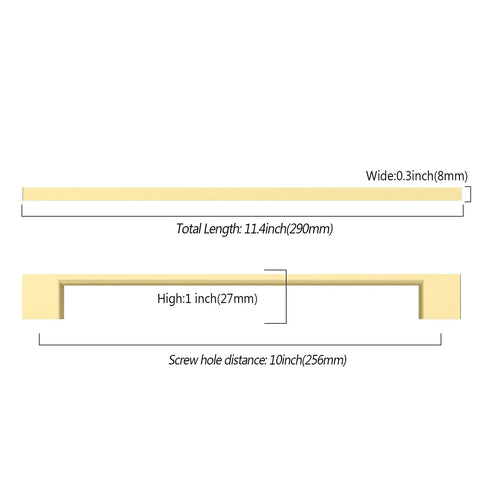 Top Shelf Brushed Gold Cabinet Pulls And Drawer Handles Built From Heavy Duty Zinc Alloy Measuring 10 Inch Center To Center showing dimensions.