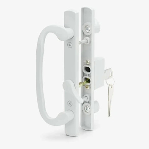 Keyed Sliding Patio Glass Door Handle Set for Truth Legacy Sash Controls, white diecast, 3-15/16 in, side view with key inserted.
