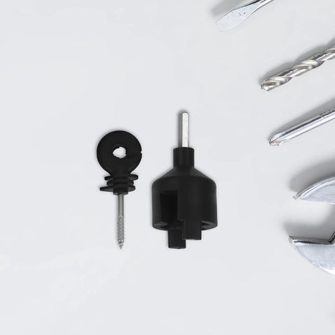 Screw-In Wire Insulators For Wood Posts Sun Resistant 51 Pack With Socket Tool, Tough As Nails Electric Fence Clips For Cattle Fencing, Rainproof And High Holding Power For Large Farms. Black screw-in wood post insulator with socket tool
