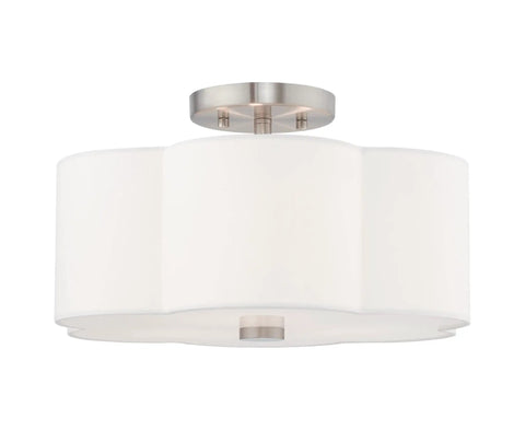 Three Light Brushed Nickel Ceiling Mount Fixture With Clover Shaped Off White Shade Modern Yet Classic Look For Kitchen Island Hallways Or Dining Room Bulbs Not Included