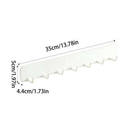 Premium Heavy Duty Self Adhesive Coat Rack Wall Mount Featuring Seven Robust Hooks For A Total Breeze Entryway Organization Dorm Room Key Holder Storage Rack dimensions with measurements displayed.