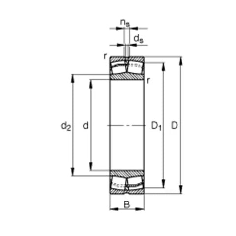 Technical drawing of Professional Grade Self Aligning Spherical Roller Bearings 45mm X 100mm X 25mm Cylindrical Bore.