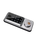 Built Tough As Nails Waterproof Biometric Smart Deadbolt Door Lock With Dual WiFi And Bluetooth Keyless Entry on a silver backdrop.