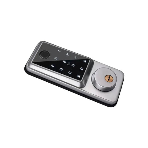 Built Tough As Nails Waterproof Biometric Smart Deadbolt Door Lock With Dual WiFi And Bluetooth Keyless Entry on a silver backdrop.
