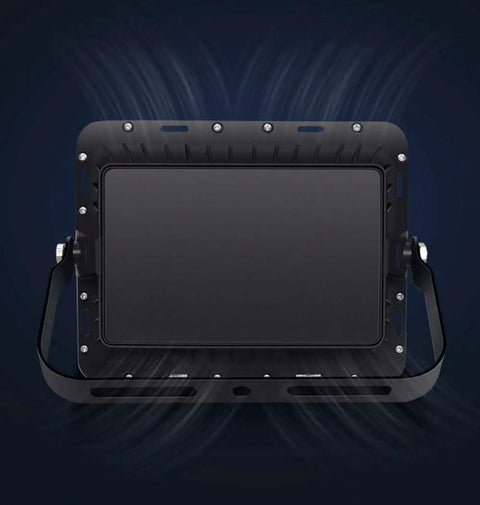 Hella Bright 200 Watt Solar Flood Light With Integrated Remote And Badass IP67 Waterproof Shell back view showcasing sturdy design.