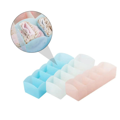 Keep Your Dresser Slick With This Heavy Duty Stackable Underwear Organizer Box Featuring Five Secure Grid Dividers For Neat Sock And Undergarment Storage Drawer in pastel colors.