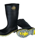 15 Inch Chemical Resistant Mens Knee Boot Built Different For The Job Site Heavy Duty Safety Footwear Featuring Slip Resistant Soles Bright Black Yellow And Grey Accents Size 12, black boot view.