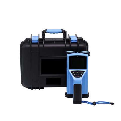 Heavy Duty Stud Finder And Wall Scanner Packed With Hella Precise Metal And Wood Detection in blue next to a black carrying case.