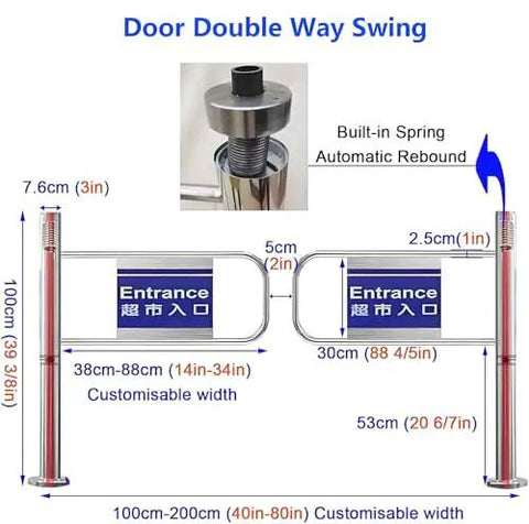 Dang Sturdy Automatic Closing Safety Swing Gate With Heavy Duty Spring Loaded Mechanism And Kickass Stainless Steel Build For Smooth Pedestrian Access At Parks Libraries Or Any Outdoor Spot Measuring 140 X 100 Cm, showing double-way swing door features and measurements.