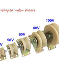 Two Pack Tough As Nails Nylon Track Wheels For Smooth Sliding Door Rollers And Heavy Duty Guide Pulleys With Double Bearings Rock Solid Build For Mechanical Carts And V Type Railing Systems 50Mm 2Inch displayed with multiple sizes of nylon sheaves.