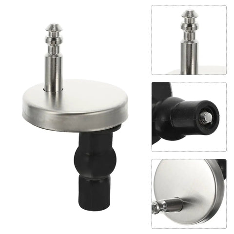 Premium Quick Release Toilet Seat Hinge Kit With Top Mount Hardware Includes Screws And Nuts For Standard Toilets showing stainless steel and black plastic components.