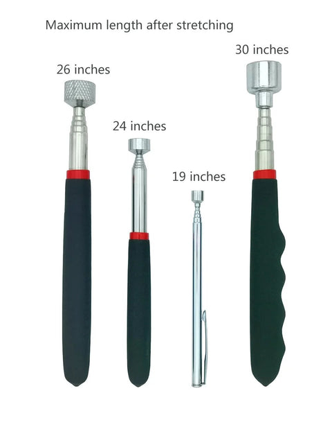 Four heavy duty magnetic pickup tool set wands in 20 lb, 10 lb, 5 lb, and 1.5 lb capacity, extendable to 30, 26, 24, and 19 inches.