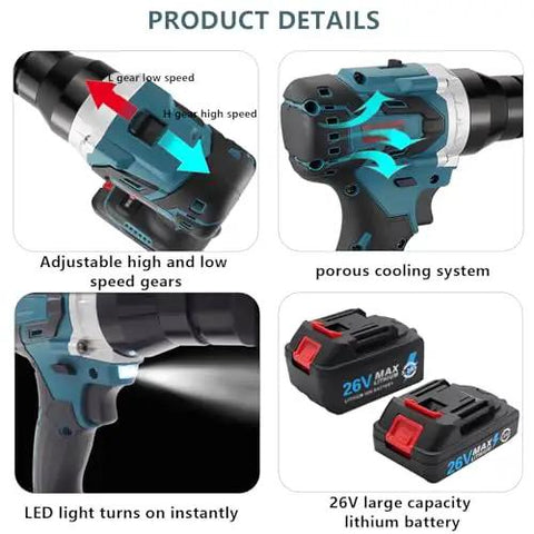 Grab And Go Cordless Electric Rivet Tool Kit With Automatic Handheld Power And Twin 2200mAh Batteries For M3 To M12 Fasteners Includes Rugged Carrying Case For No Wire Hassle Weekend Projects Or Pro Hustles showing speed gear adjustments and battery.