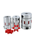 Three Pack Jaw Flexible Coupling Plum Adapter With Rubber Spiders, 25mm wide, suitable for 5mm to 12mm shafts.