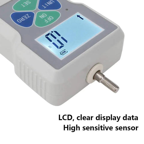 Pro Grade Workhorse Digital Force Gauge Portable Push Pull Tester Meter With 100N Range, showcasing clear LCD display and sensor.