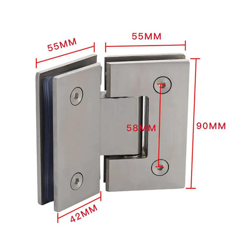 Rock Solid Heavy Duty Frameless Shower Glass Hinges Set 304 Stainless Steel Adjustable 90 135 180 Degree size dimensions 55mm x 90mm
