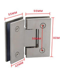Beefy Adjustable Shower Door Hinges 90 135 180 Degrees 304 Stainless Steel Brushed Finish with measurements displayed