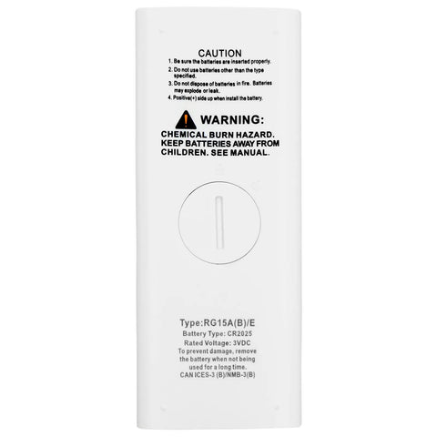 Premium Replacement Remote Control For Window Air Conditioners With Wall Mount Bracket Easy Peasy Setup No Sweat Operation Sweet Cooling For CAC10000W WAC8001W WAC18001W And WAC12001W Models back view showing battery instructions and type information.