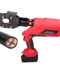 Badass Battery Powered Hydraulic Cable Cutter For Fast Clean Cuts On Thick Copper Armored Wire By Pro Tradesmen, showing tool and thick copper wire.
