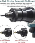 Kickass Cordless Electric Rivet Gun Set With 5.2 Ah Battery showing one-click automatic nail removal for M3-M12 nuts.